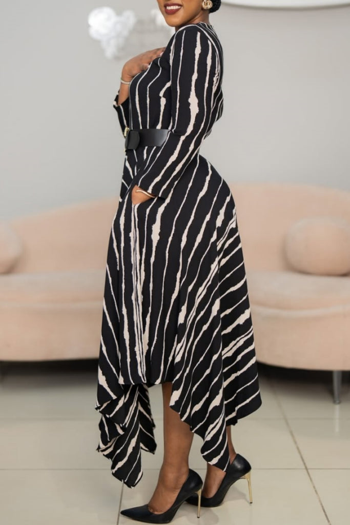 Casual Print Irregular Hem O Neck Long Dresses (Without Belt)