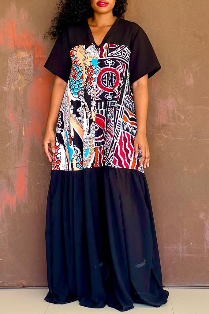 Casual Print Patchwork V Neck Long Dresses