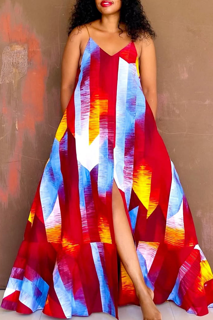 Casual Print Patchwork Slit Spaghetti Strap Sling Dresses