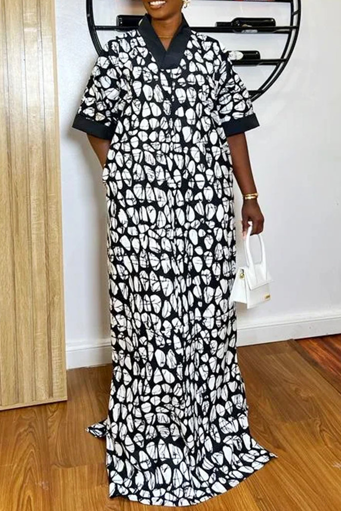 Casual Print Pocket Slit Contrast V Neck Long Dresses