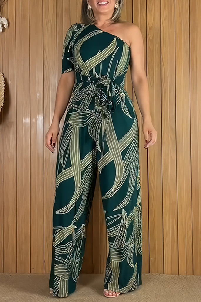 Casual Print With Belt Oblique Collar Regular Jumpsuits