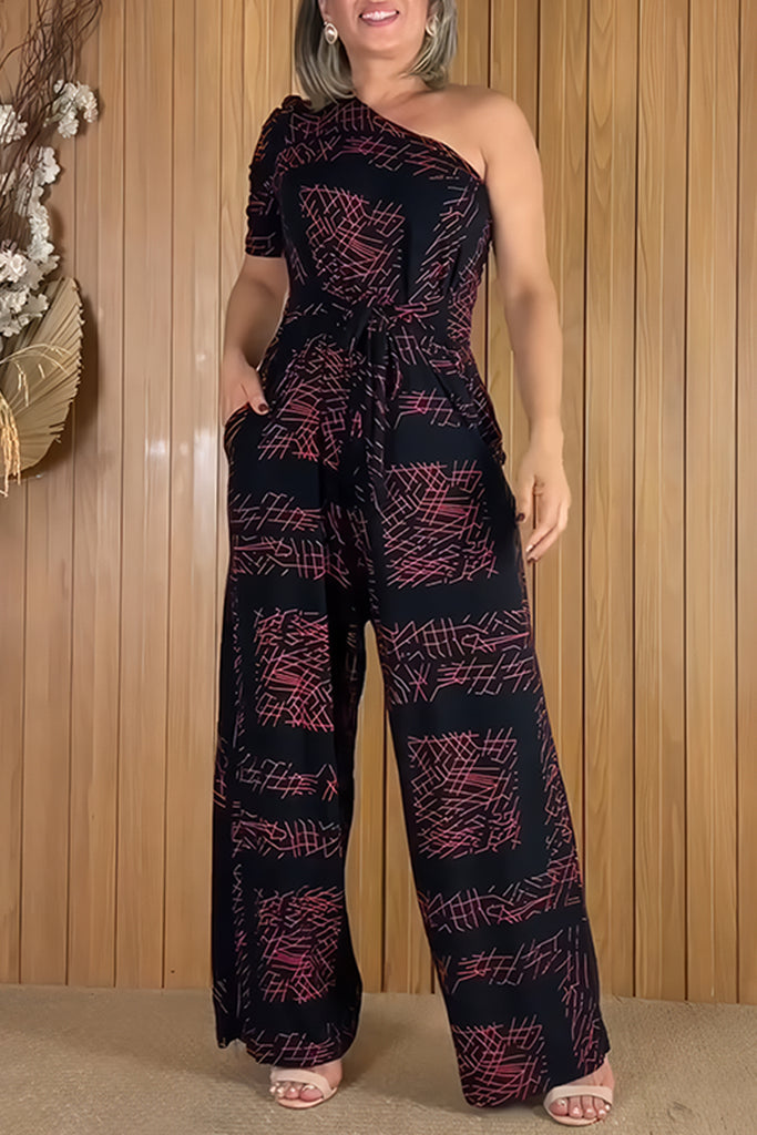 Casual Print With Belt Oblique Collar Regular Jumpsuits