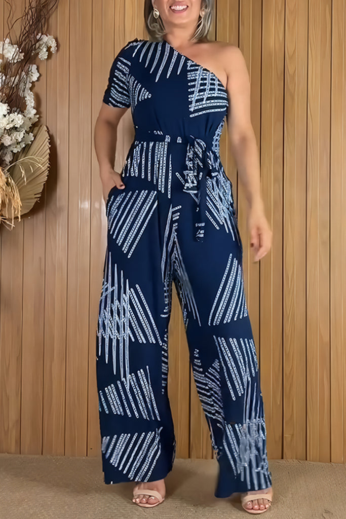 Casual Print With Belt Oblique Collar Regular Jumpsuits