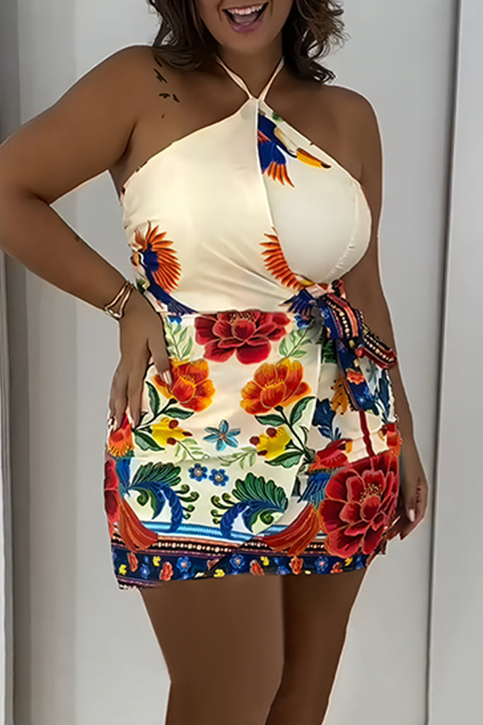 Sexy Floral Print Backless Belted Halter Wrapped Skirt Dresses