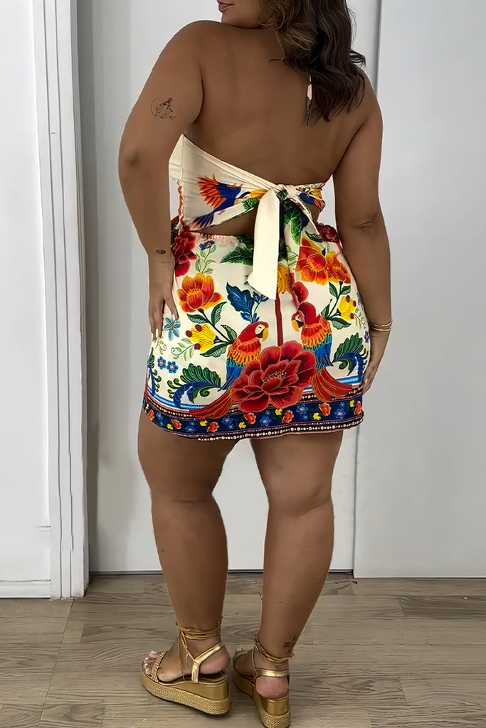 Sexy Floral Print Backless Belted Halter Wrapped Skirt Dresses