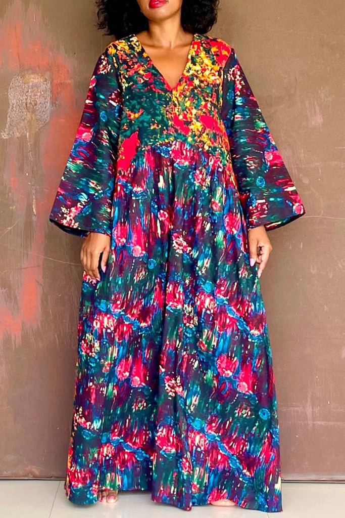 Casual Print Patchwork Ruched V Neck Long Dresses