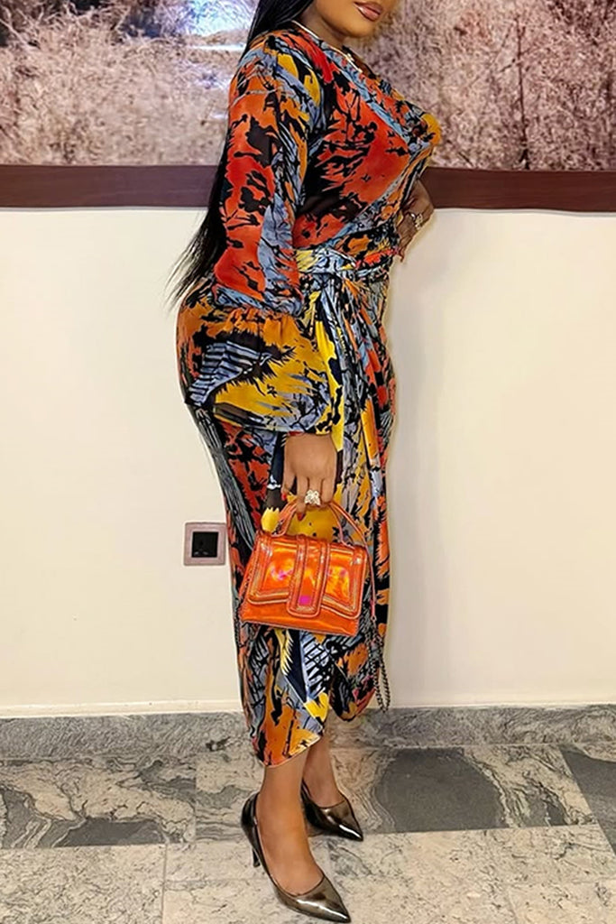 Casual Print Ruched V Neck Long Dresses