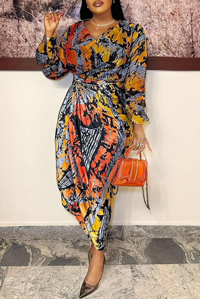 Casual Print Ruched V Neck Long Dresses