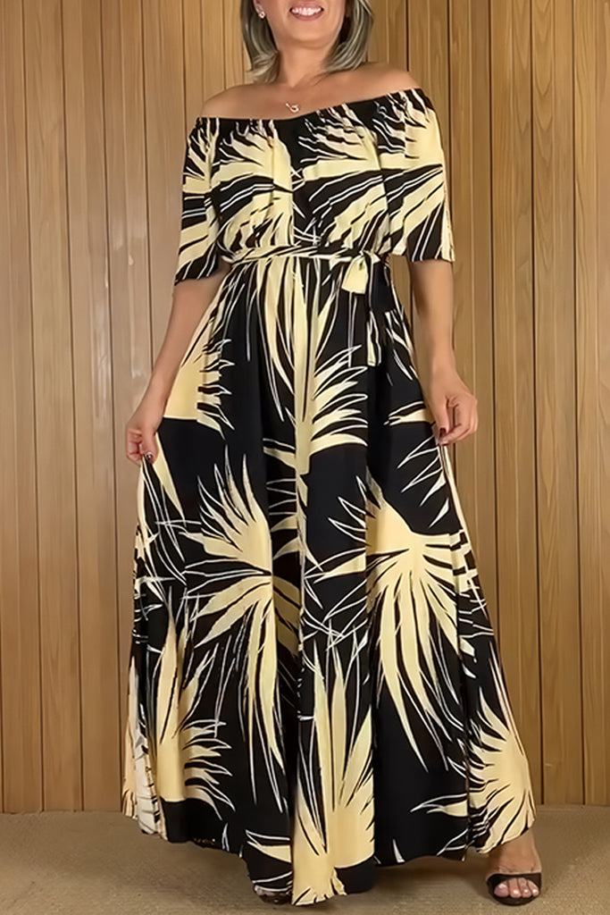 Casual Solid Color Print Belted Off Shoulder Regular Jumpsuits