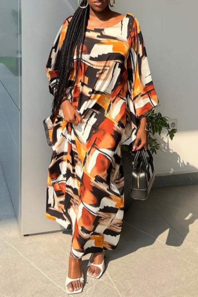 Casual Print Basic O Neck Long Dresses