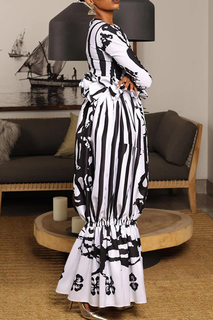 Casual Print Patchwork Ruched Ruffled Trim O Neck Long Dresses