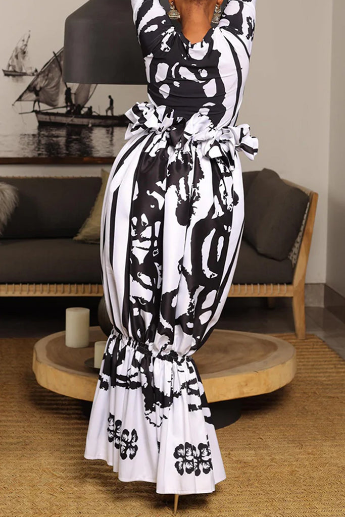 Casual Print Patchwork Ruched Ruffled Trim O Neck Long Dresses