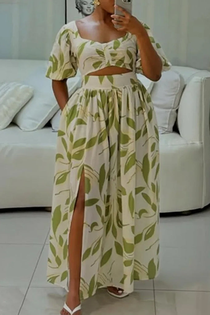 Casual Print Hollow Out Slit Square Neck Long Dresses