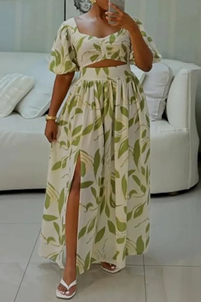 Casual Print Hollow Out Slit Square Neck Long Dresses