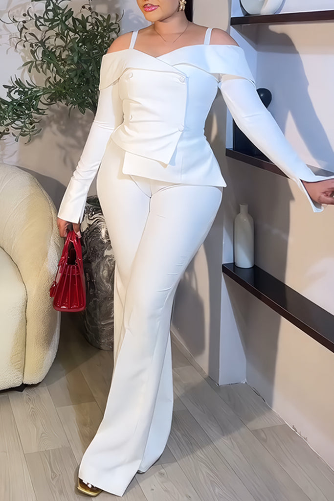 Sexy Casual Elegant Solid Color Backless Off Shoulder Long Sleeve Two Pieces