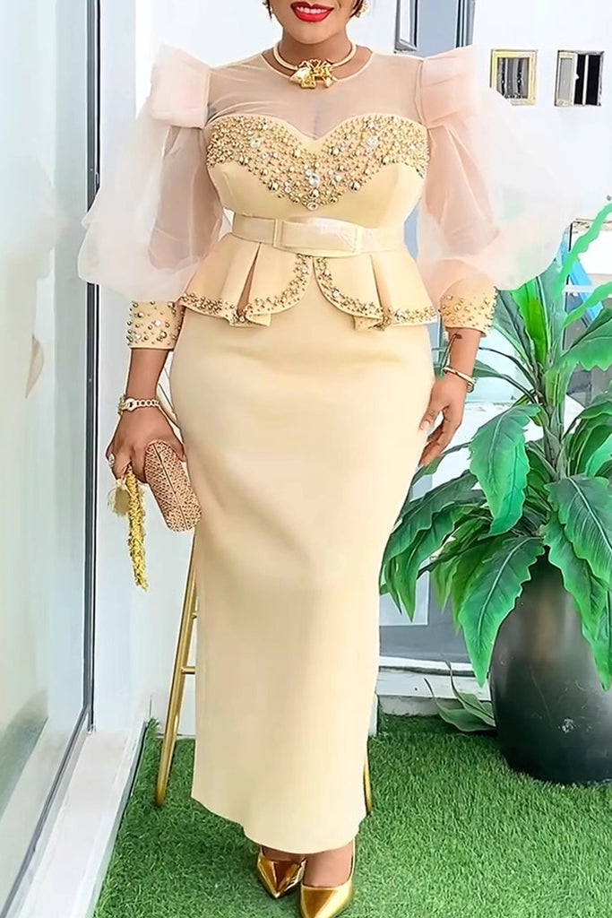 Celebrities Solid Color Pearls Decor With Belt O Neck Long Plus Size Dresses