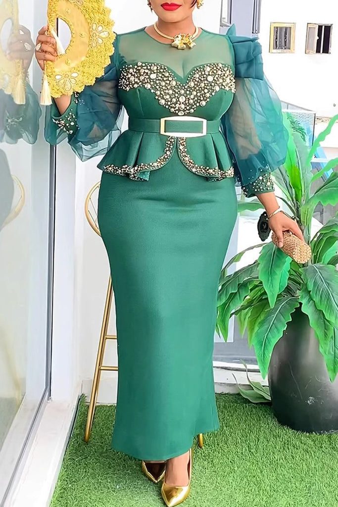 Celebrities Solid Color Pearls Decor With Belt O Neck Long Plus Size Dresses