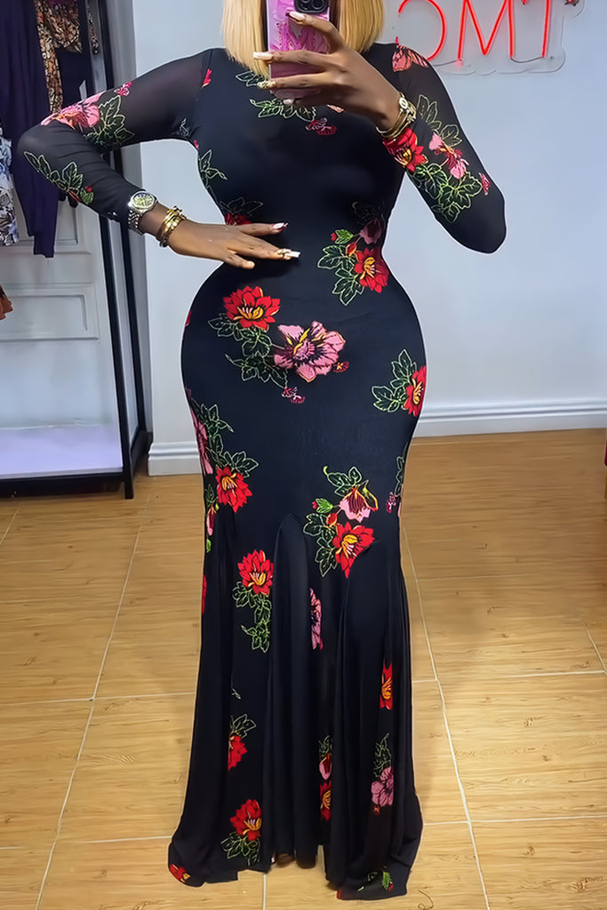 Elegant Floral Print Basic O Neck Long Dresses