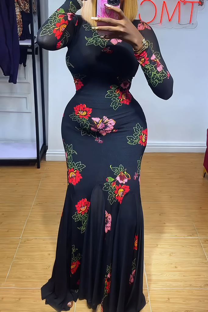 Elegant Floral Print Basic O Neck Long Dresses