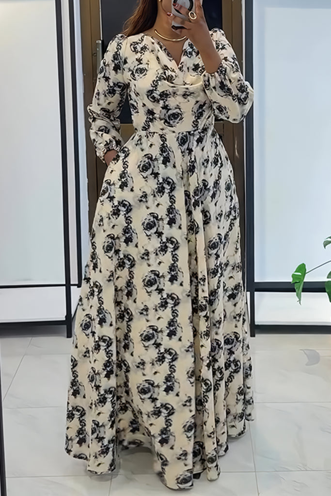 Casual Elegant Floral Print Basic V Neck Long Dresses