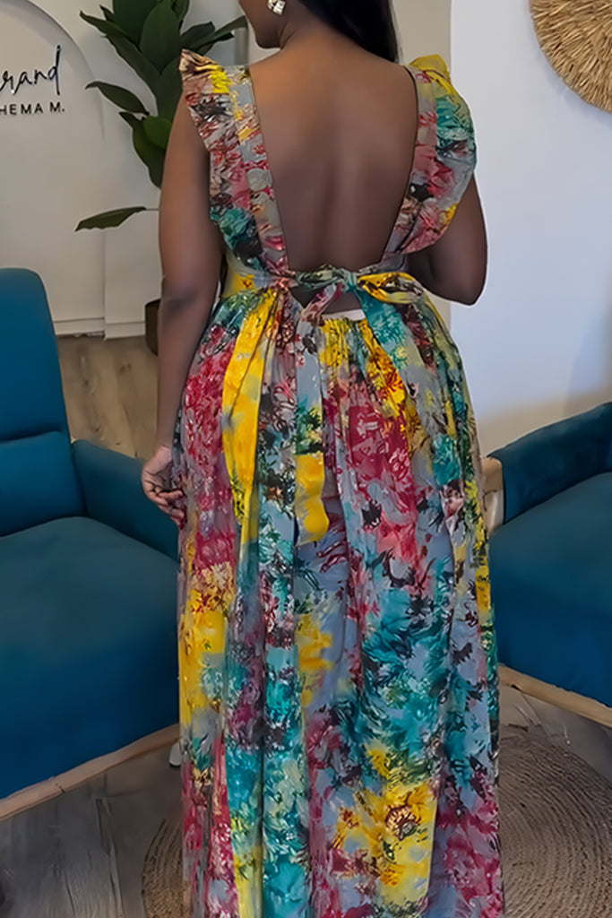 Sexy Casual Print Backless Belted Square Neck Long Dresses