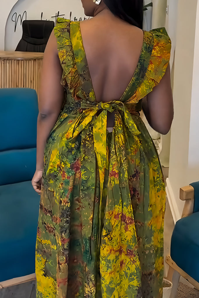 Sexy Casual Print Backless Belted Square Neck Long Dresses