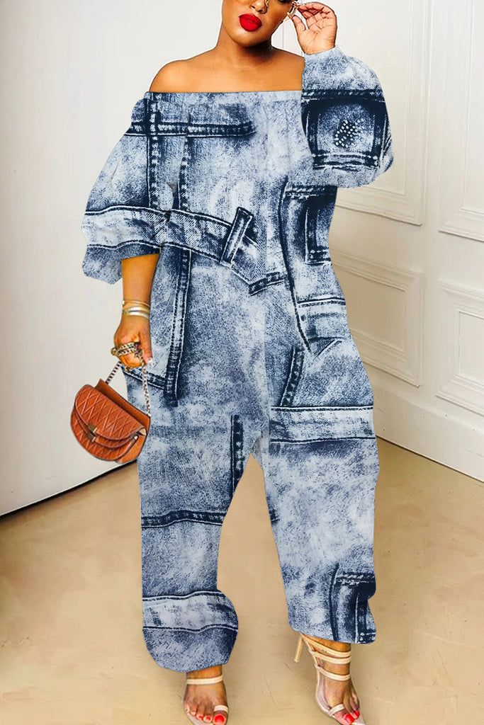 Casual Faux Denim Print Backless Basic Off Shoulder Regular Jumpsuits