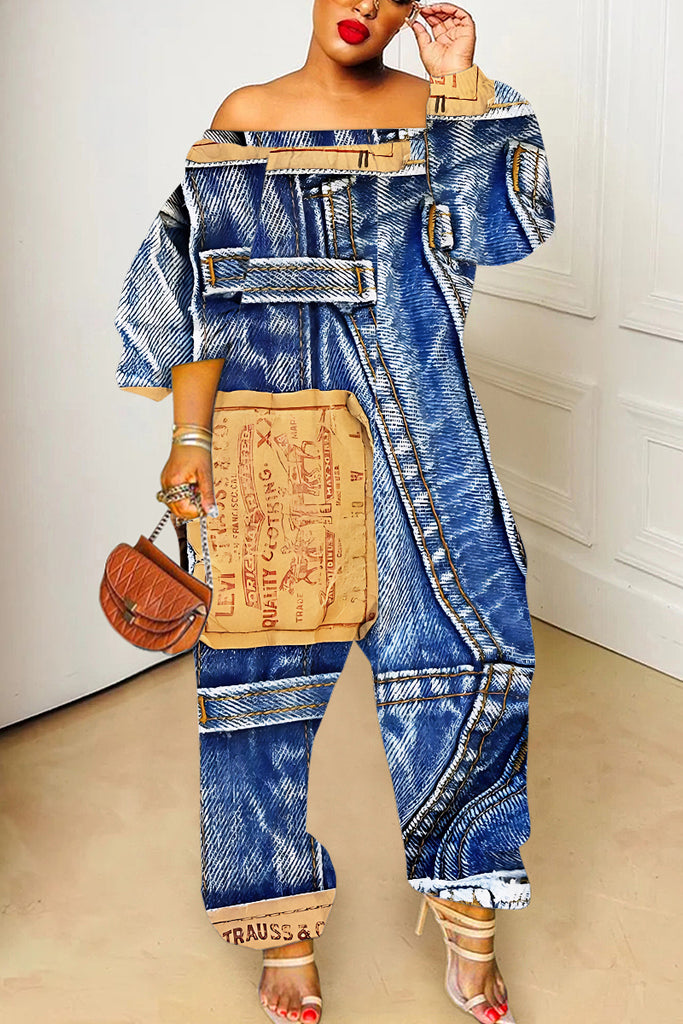 Casual Faux Denim Print Backless Basic Off Shoulder Regular Jumpsuits