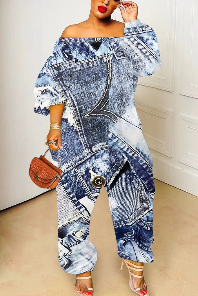 Casual Faux Denim Print Backless Basic Off Shoulder Regular Jumpsuits