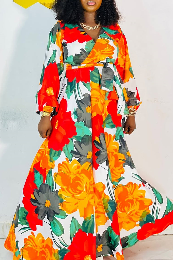 Casual Floral Print Belted V Neck Long Dresses