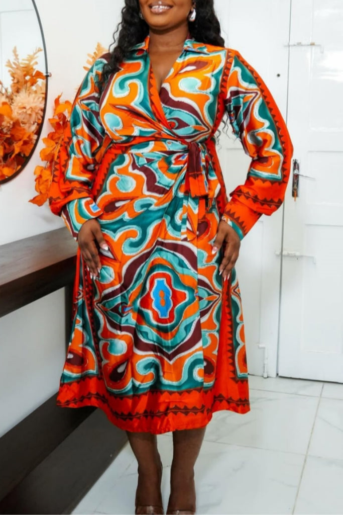 Casual Print Belted V Neck Long Sleeve Dresses