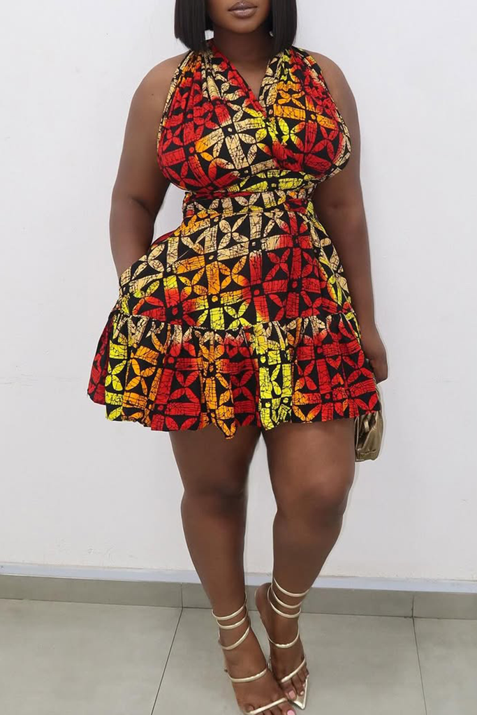 Sexy Print Pocket Patchwork V Neck A Line Dresses