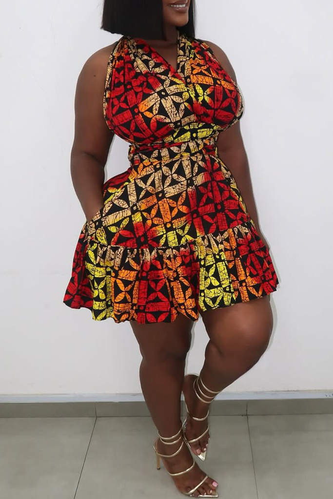 Sexy Print Pocket Patchwork V Neck A Line Dresses