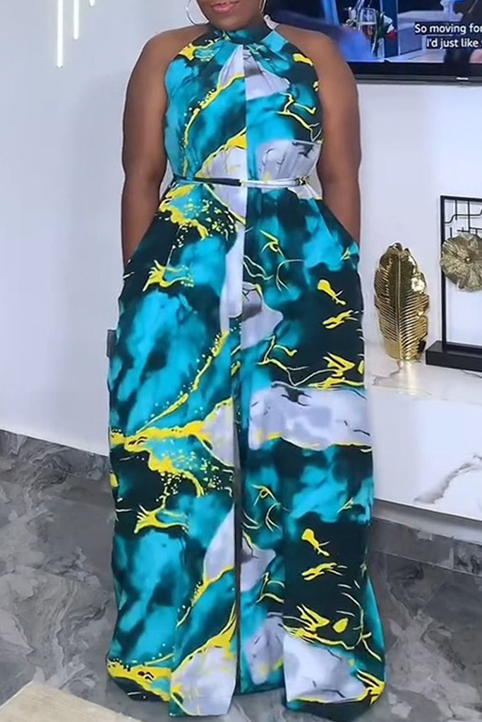 Sexy Casual Print With Belt O Neck Regular Jumpsuits