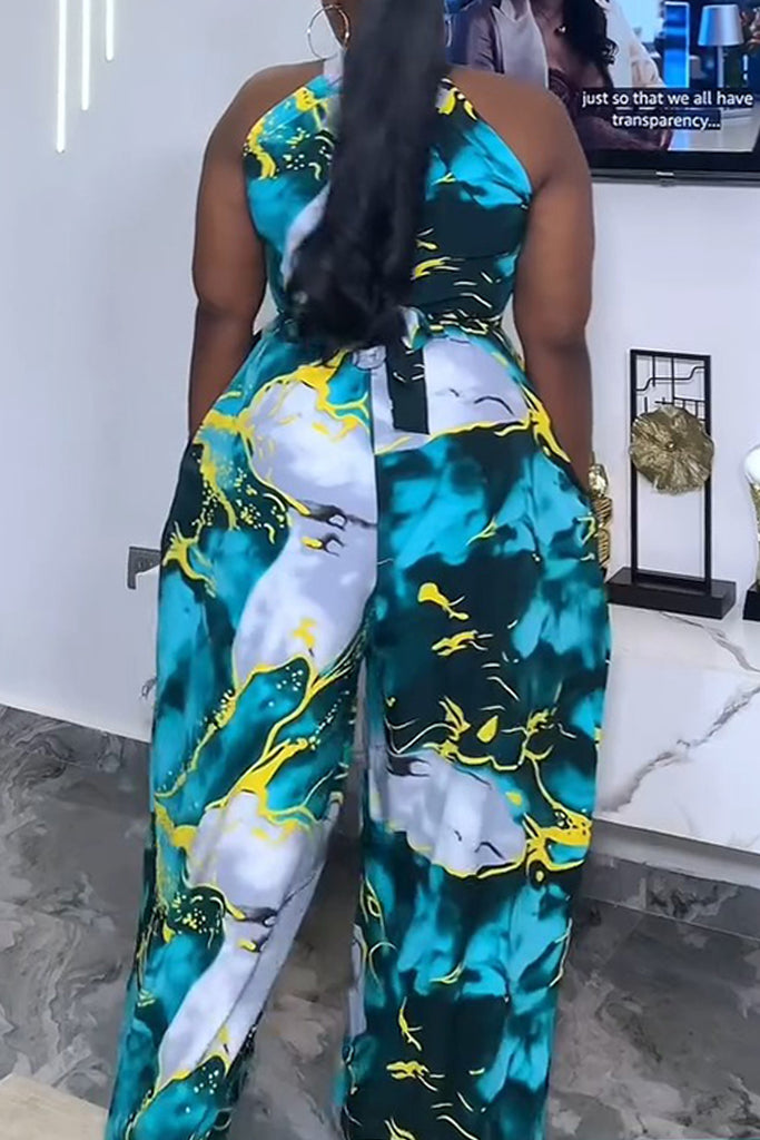 Sexy Casual Print With Belt O Neck Regular Jumpsuits