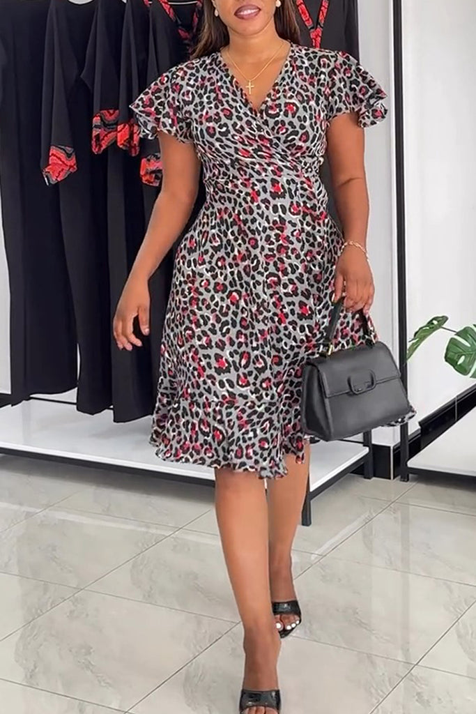 Casual Daily Leopard Print Belted V Neck Short Sleeve Dresses