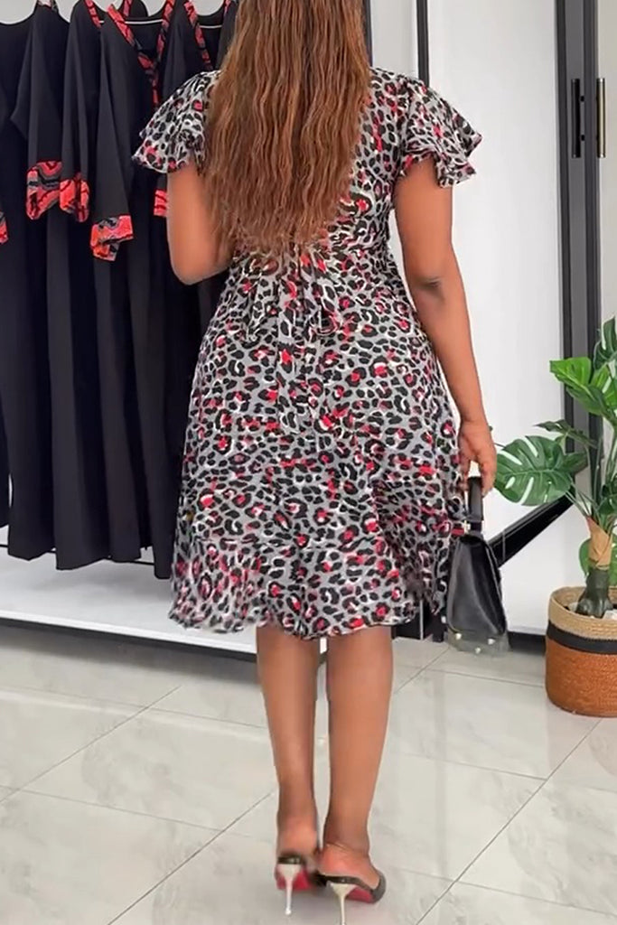 Casual Daily Leopard Print Belted V Neck Short Sleeve Dresses