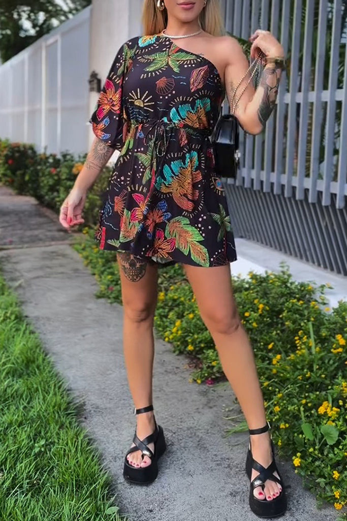 Casual Floral Print Backless Belted Oblique Collar Printed Dresses