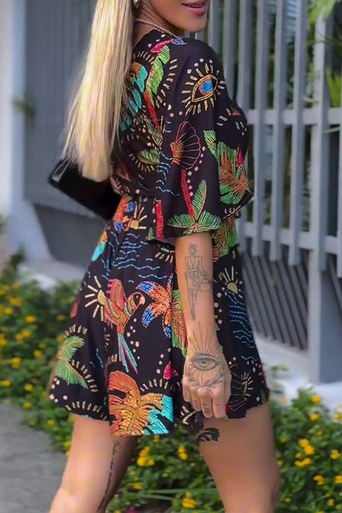 Casual Floral Print Backless Belted Oblique Collar Printed Dresses