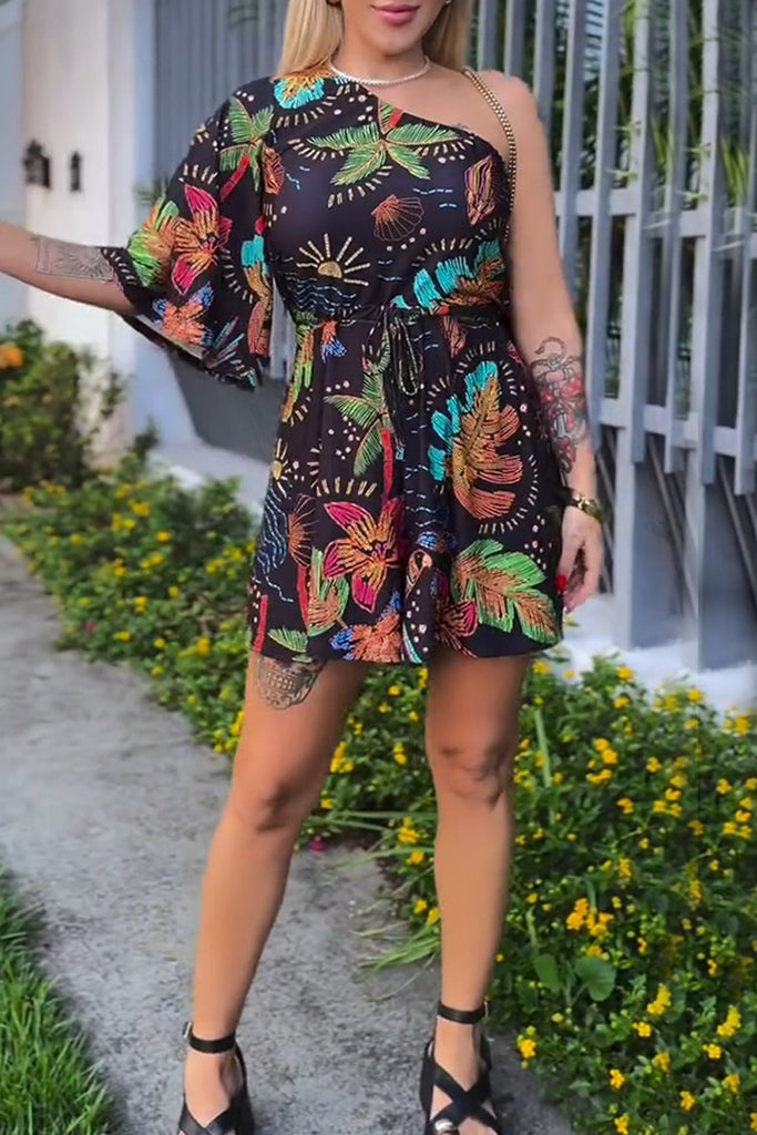 Casual Floral Print Backless Belted Oblique Collar Printed Dresses