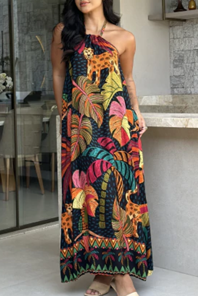 Sexy Print Patchwork Backless Halter Long Dresses