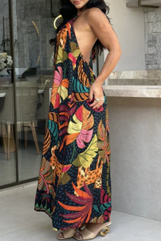 Sexy Print Patchwork Backless Halter Long Dresses