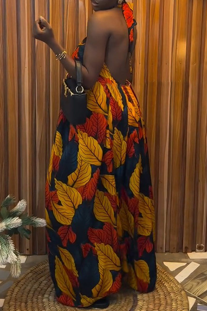 Sexy Casual Vacation Print Backless Belted Halter Long Dresses