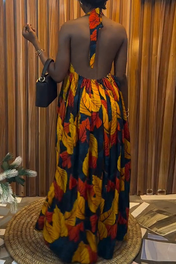 Sexy Casual Vacation Print Backless Belted Halter Long Dresses