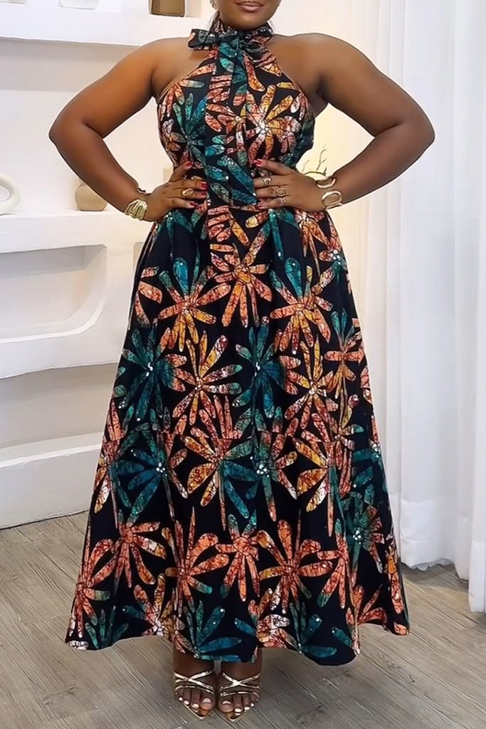 Sexy Casual Print With Belt Halter Long Dresses