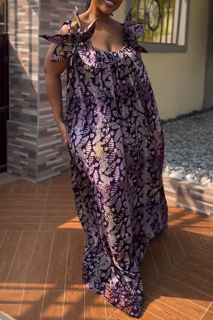 Sexy Daily Vacation Print Backless Spaghetti Strap Long Dresses