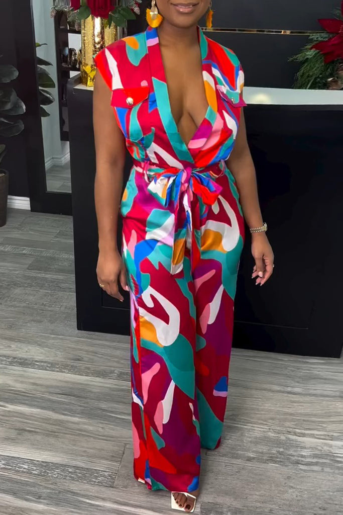 Sexy Casual Print Belted Deep V Neck Regular Jumpsuits