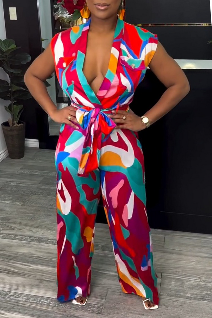 Sexy Casual Print Belted Deep V Neck Regular Jumpsuits