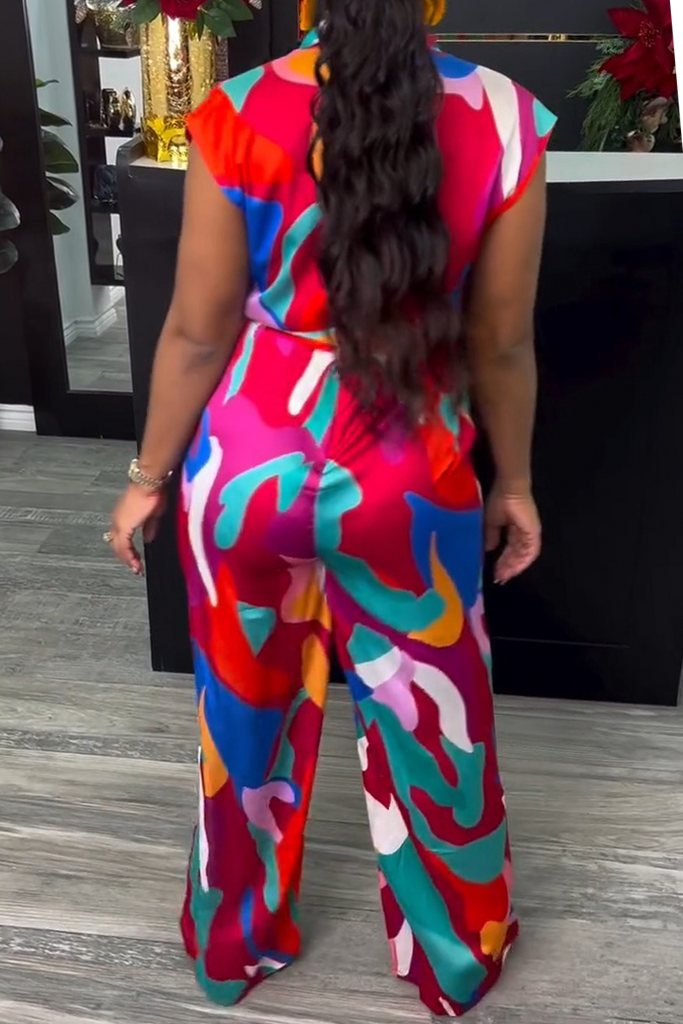 Sexy Casual Print Belted Deep V Neck Regular Jumpsuits