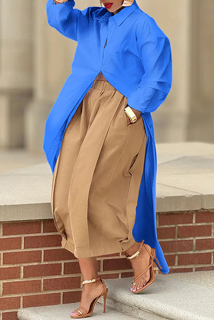 Casual Solid Color Buttons Slit Turndown Collar Tops